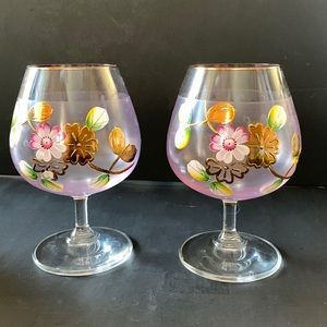 2x VTG BOHEMIAN CRYSTAL BRANDY SNIFFERS with Enamel Flowers & Gold Trim